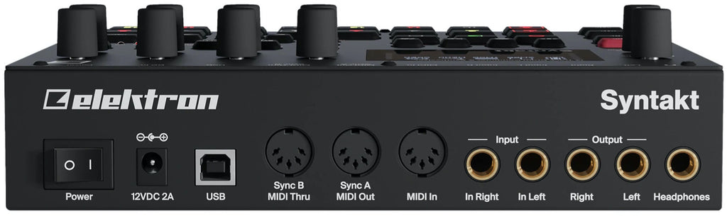 Elektron Syntakt drum machine and sampler with multiple input/output ports and control knobs on the back panel.
