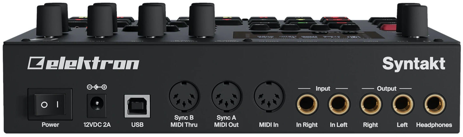 Elektron Syntakt drum machine and sampler with multiple input/output ports and control knobs on the back panel.