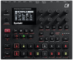 Elektron Syntakt drum machine and sampler with a sleek top view showing its control panel and colorful knobs.
