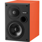 Epos ES-7N passive bookshelf speakers with orange front grille and wooden finish, showcasing their compact design and front-side view.