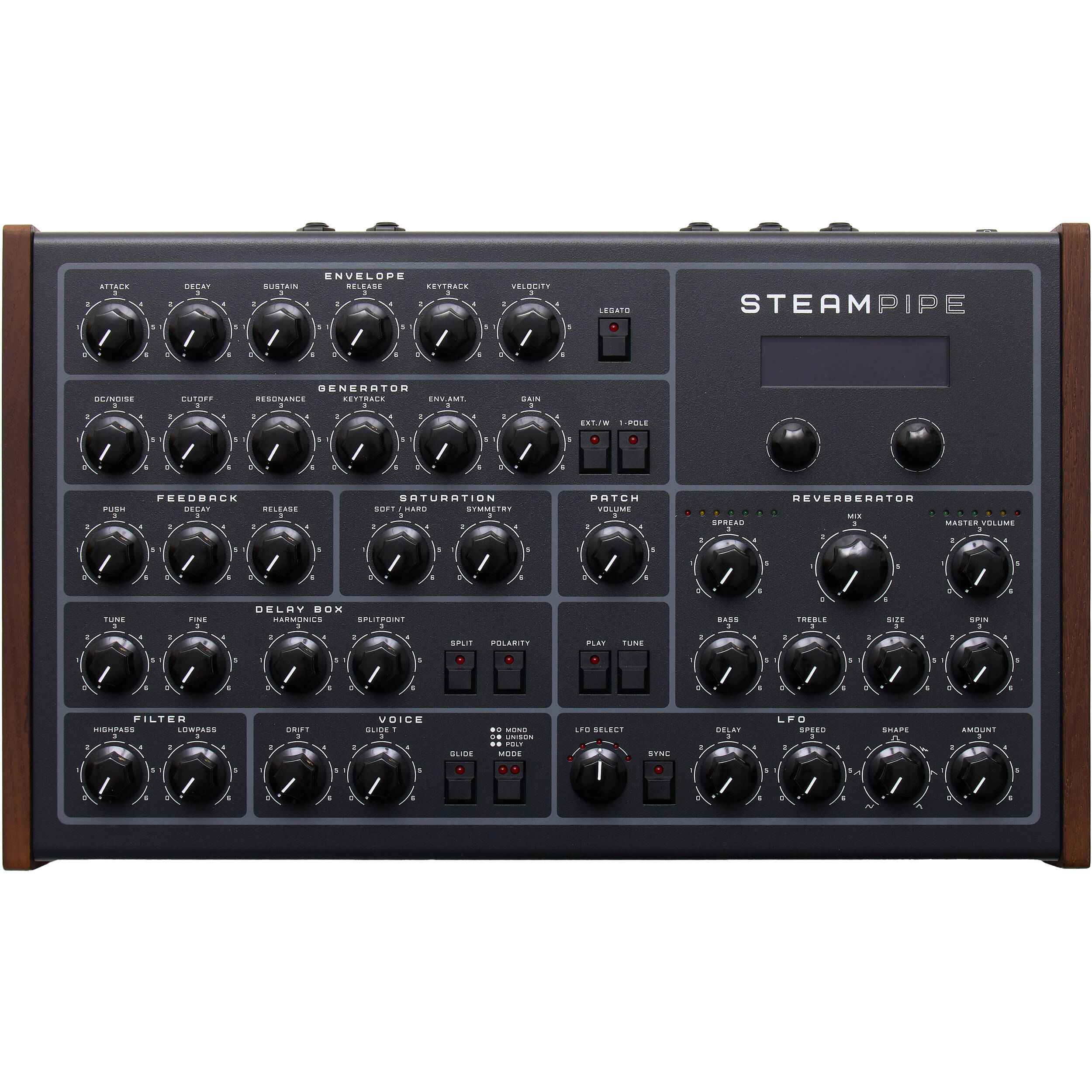 Erica Synths Steampipe desktop synthesizer, top view.