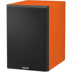 Epos ES-7N passive bookshelf speakers with orange semi-matte finish, showcasing sleek design and compact size.