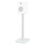 Essentials Monno 60 white stand holding a compact bookshelf speaker