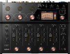 AlphaTheta Euphonia DJ mixer with multiple knobs, sliders, and input ports for professional audio mixing.
