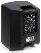 Samson Expedition Explor PA speaker shown from back left side, featuring rugged design and input controls for professional audio use.
