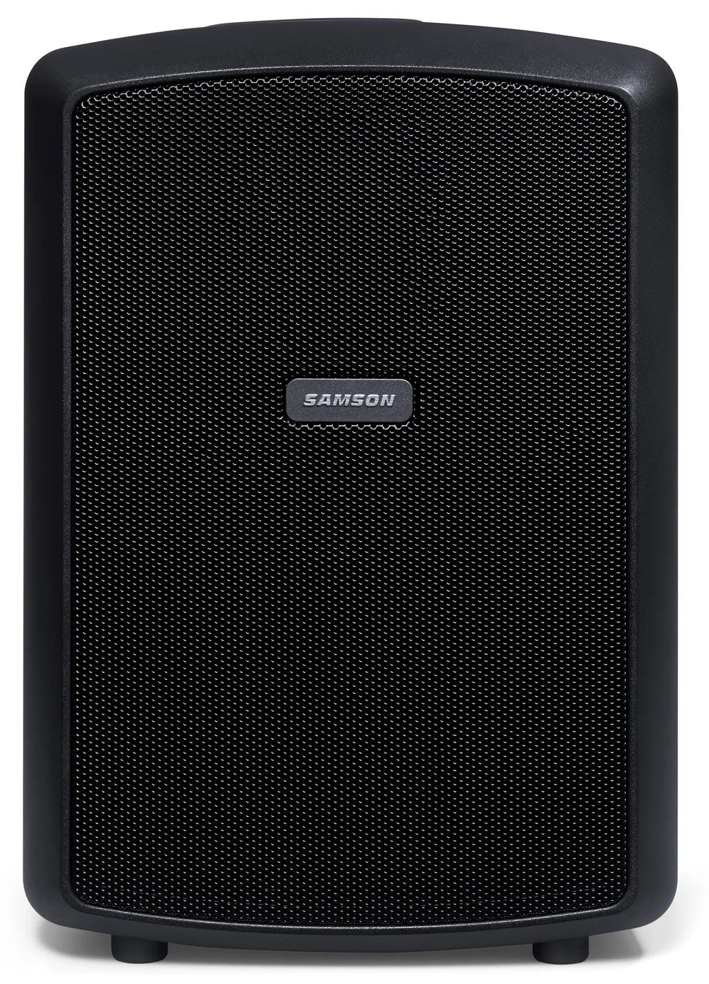 Samson Expedition Explor PA speaker system with front view showing rugged design and control panel for portable sound setup