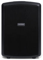 Samson Expedition Explor PA speaker system with front view showing rugged design and control panel for portable sound setup