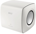 KEF KC62 subwoofer with sleek black design, compact size, and front-facing port, ideal for deep bass in home audio systems.