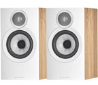 Bowers & Wilkins 607 S3 passive bookshelf speakers shown with black cabinets and stylish grille covers on a white background.