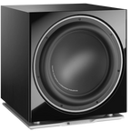 DALI Sub K-14 F subwoofer with black enclosure and driver visible, designed for deep bass in home audio systems