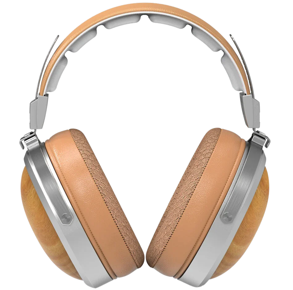 FiiO FT1 closed-back over-ear headphones with walnut wood cups, in silver
