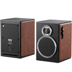 Black FiiO SA1 desktop speakers with compact design and control knobs, ideal for high-quality audio on a desktop setup.