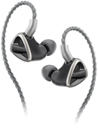 FiiO FH19 in-ear headphones with black and silver design, showing the earbuds and cable for high-quality audio listening.