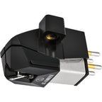Audio-Technica AT-VM95EBK MM phono cartridge shown from the side, designed for turntables, with detailed stylus and body features.