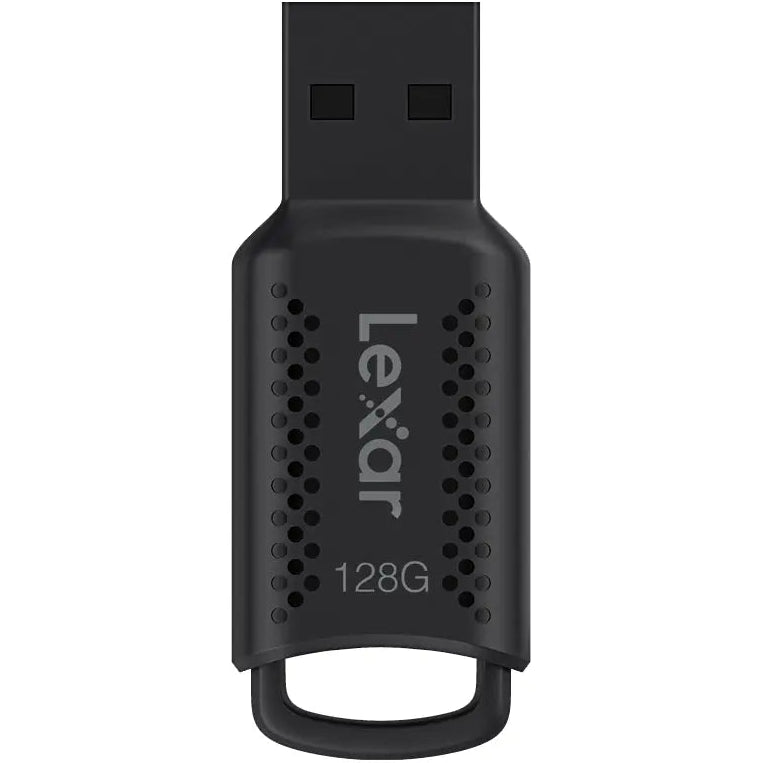 Lexar JumpDrive V400 USB 3.0 flash drive with blue plastic casing and silver connector on a white background.