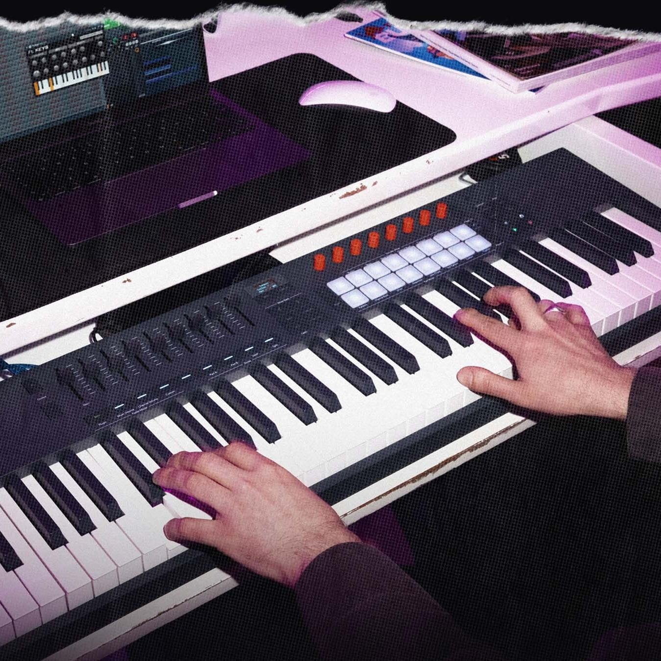 Novation FLkey 2 61 MIDI keyboard with illuminated pads and control knobs, shown in a music production setup.