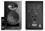 Front and back view of Kali Audio MM-6 active nearfield monitors with remote control for studio audio monitoring.