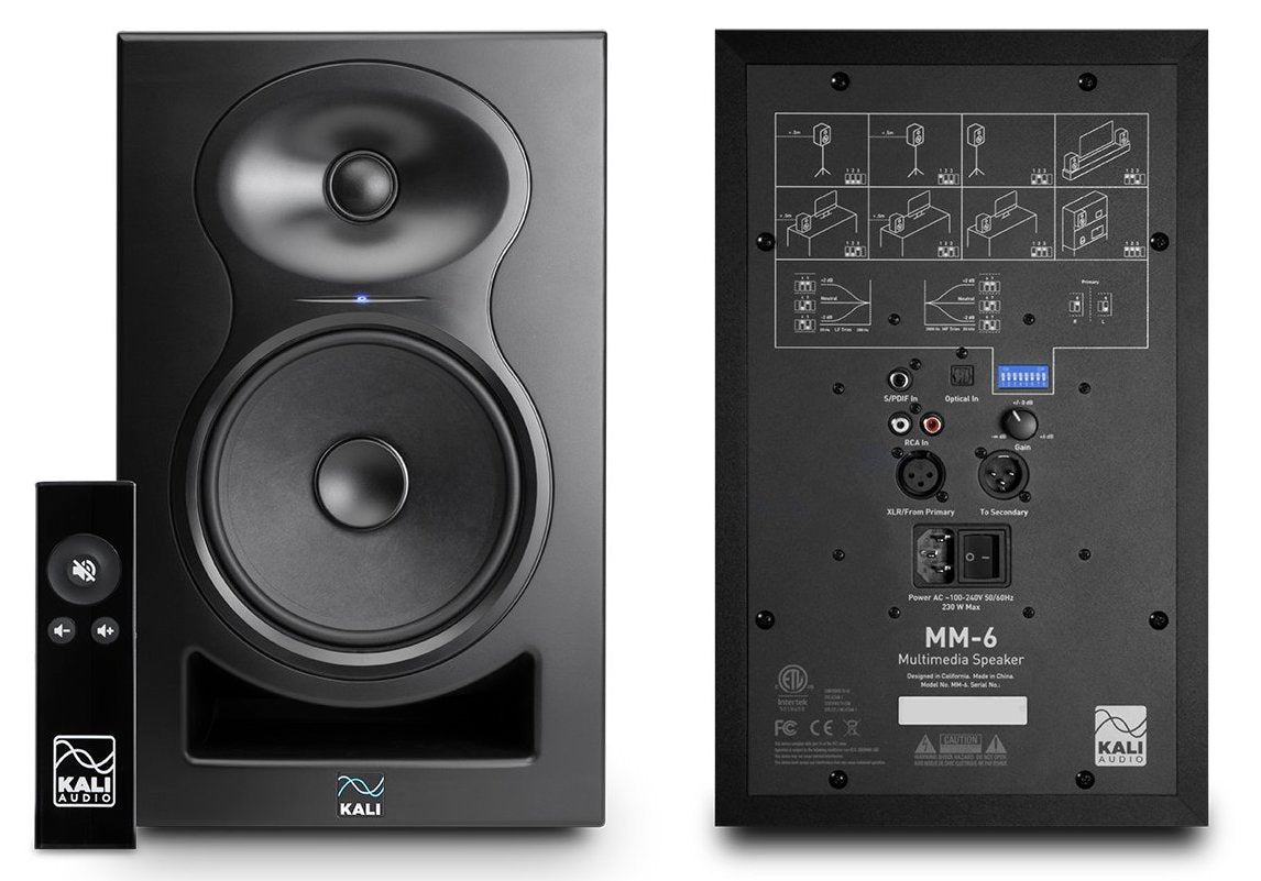 Front and back view of Kali Audio MM-6 active nearfield monitors with remote control for studio audio monitoring.