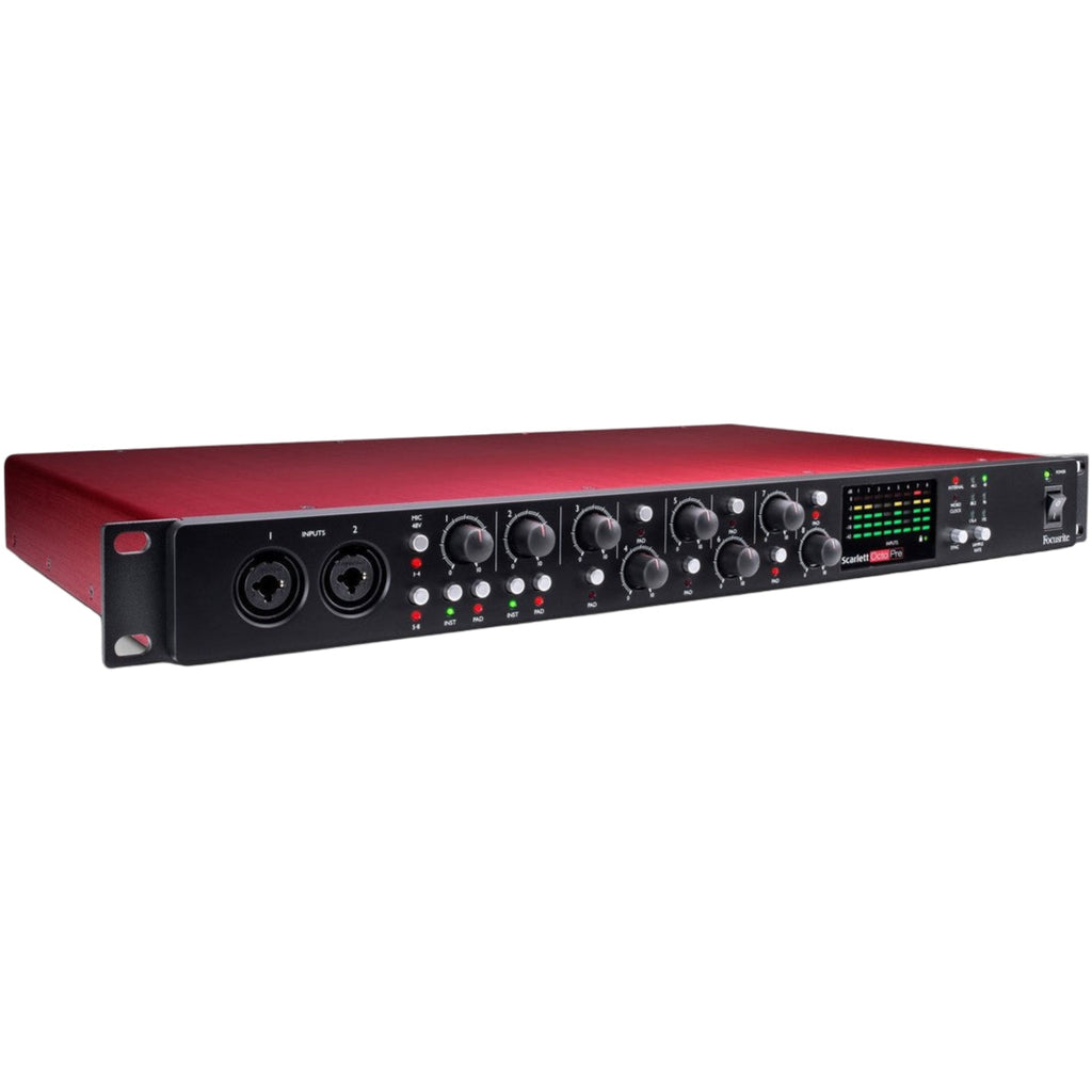 Focusrite Scarlett OctoPre microphone preamp unit with multiple input channels and control knobs, used for professional audio recording.