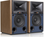 JBL 4305P active bookshelf speakers with sleek black finish and modern design, featuring speaker grills and control knobs.