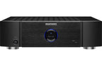 Marantz MM7025 stereo amplifier with dual channels and sleek black design, featuring control knobs and input ports visible.