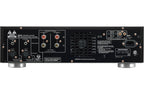 Marantz MM7025 stereo amplifier with dual channels and silver finish, featuring control knobs and input ports on the front panel.