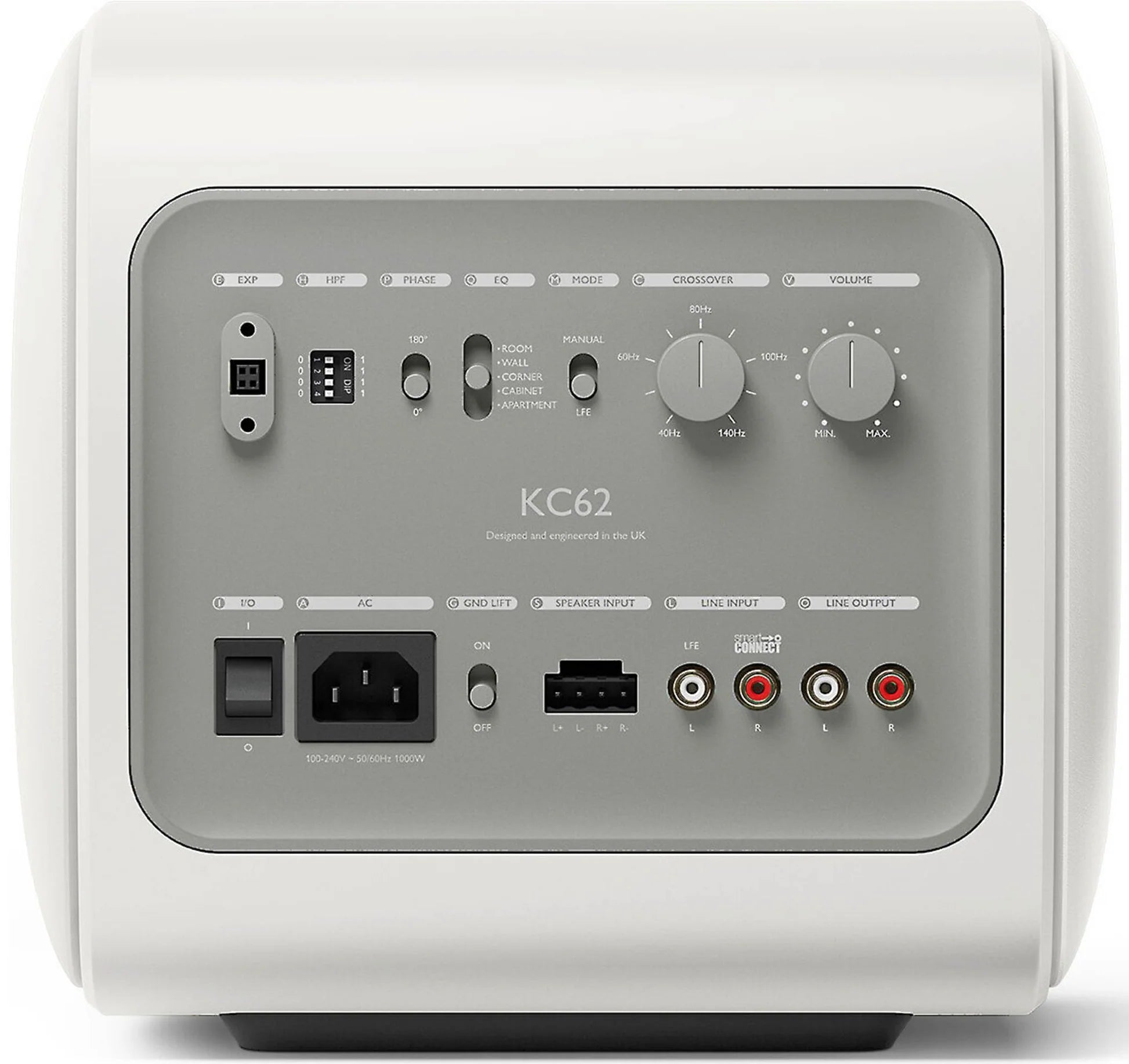 KEF KC62 subwoofer with sleek black finish, compact design, and front-facing port for deep bass audio performance.