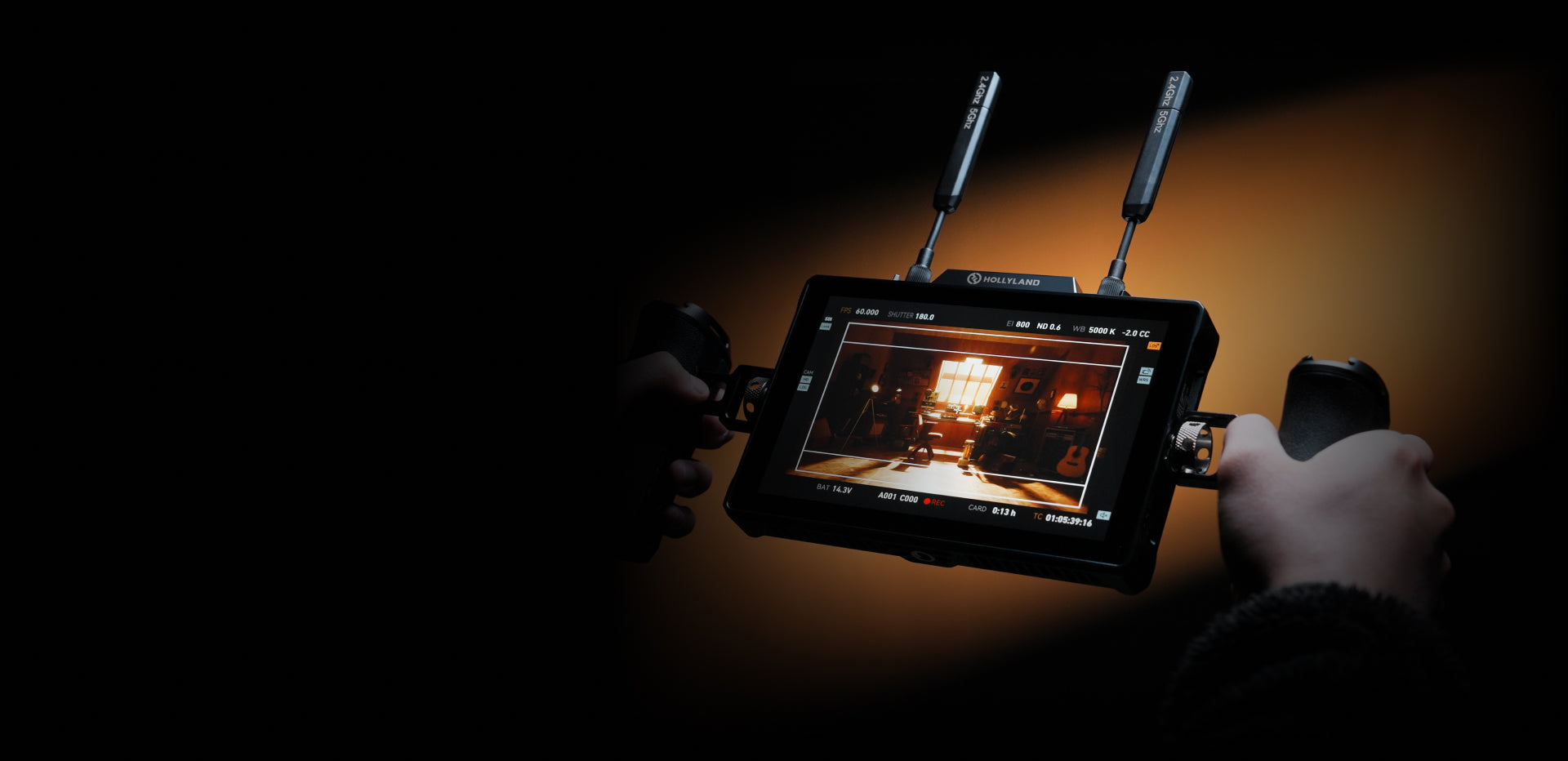 Hollyland Pyro 7 video monitor set showing two compact, professional-grade Hollyland monitors with adjustable screens and control buttons.