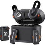 Hollyland Lark M2S Ultimate Combo wireless microphone system with 3 receiver units for camera, USB-C, and Lightning connections.