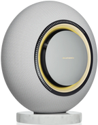 Marantz Horizon wireless speakers with sleek black design and modern controls, shown on a wooden surface.