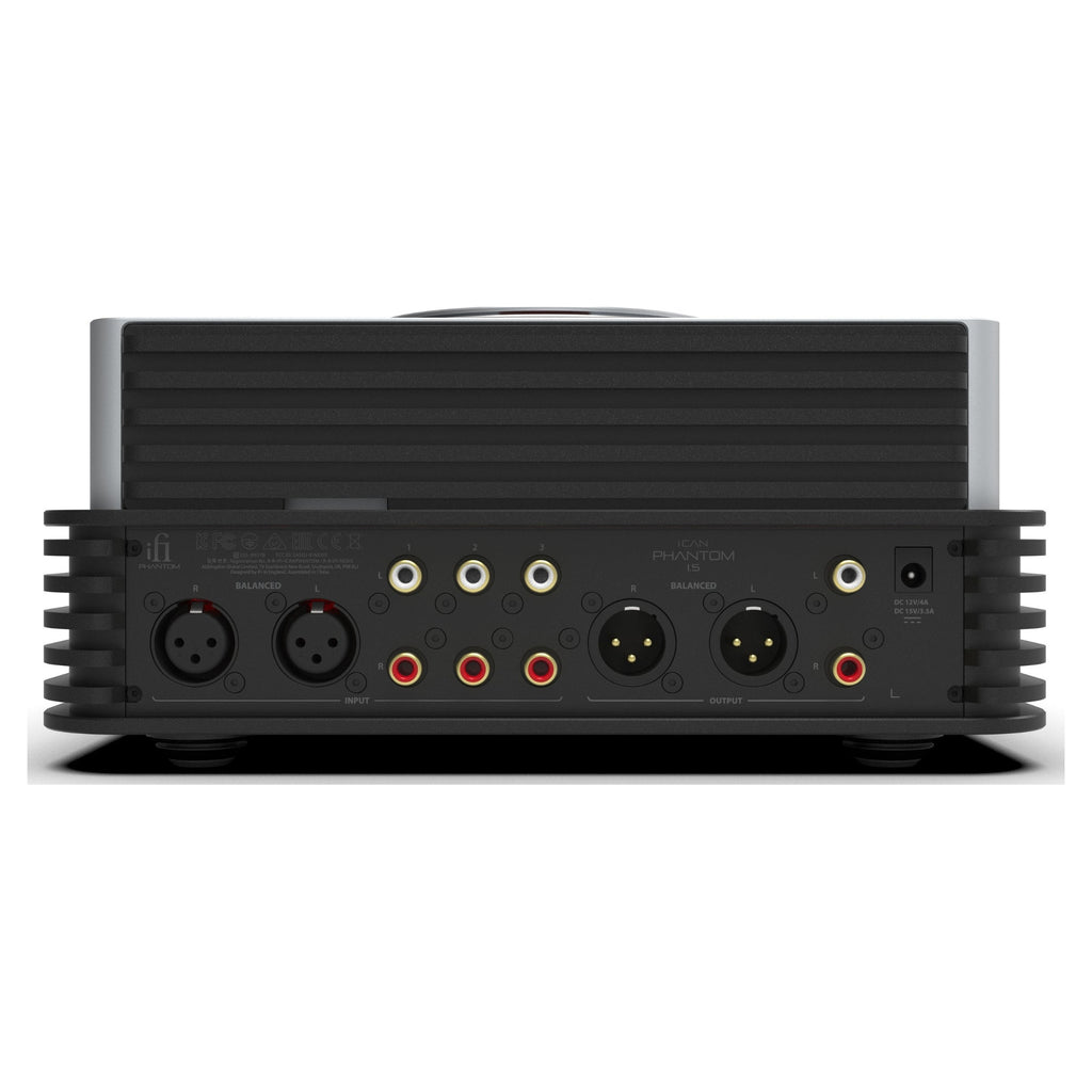 iFi Audio iCAN Phantom 1.5 rear panel with XLR and RCA inputs and preamp outputs