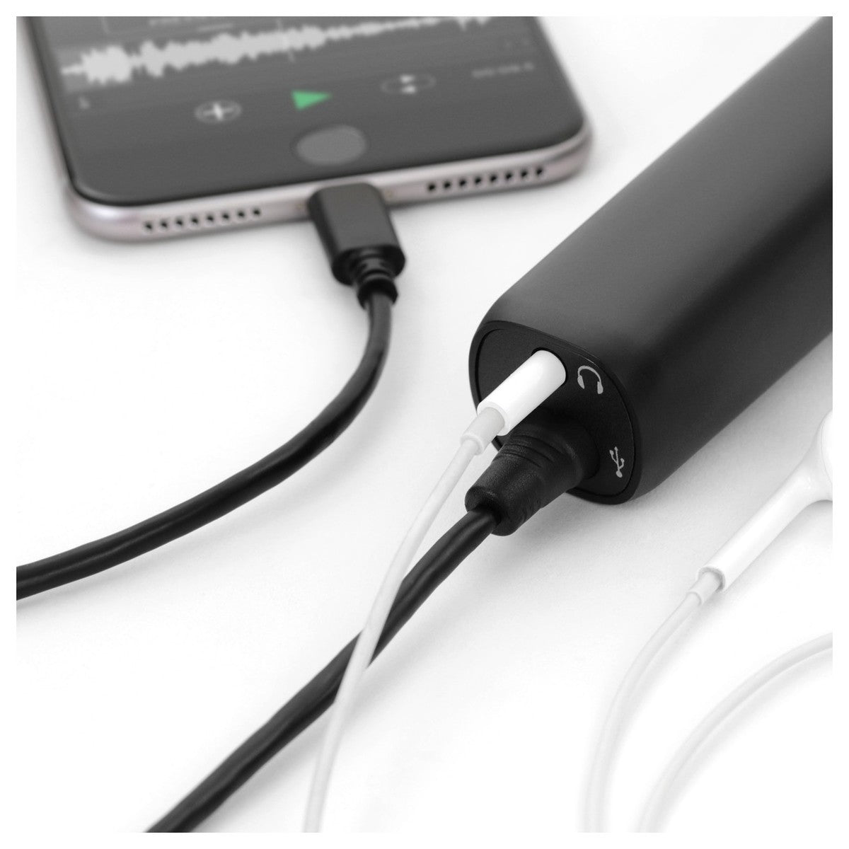 IK Multimedia iRig Mic HD 2 portable microphone for iOS and Android devices, shown in a close-up with connection details.