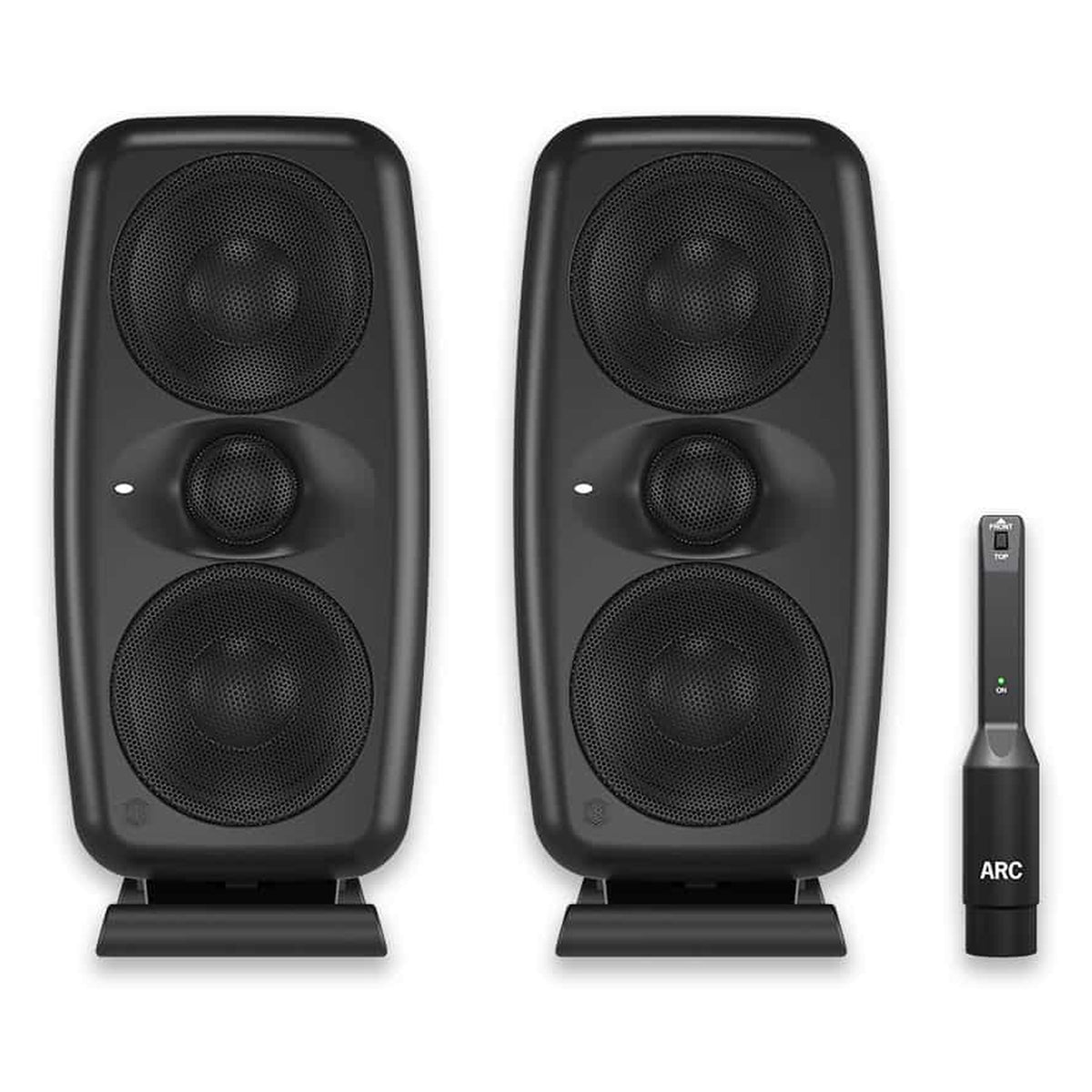 IK Multimedia iLoud MTM MK2 active nearfield monitors shown with sleek black cabinets and front-firing bass ports.