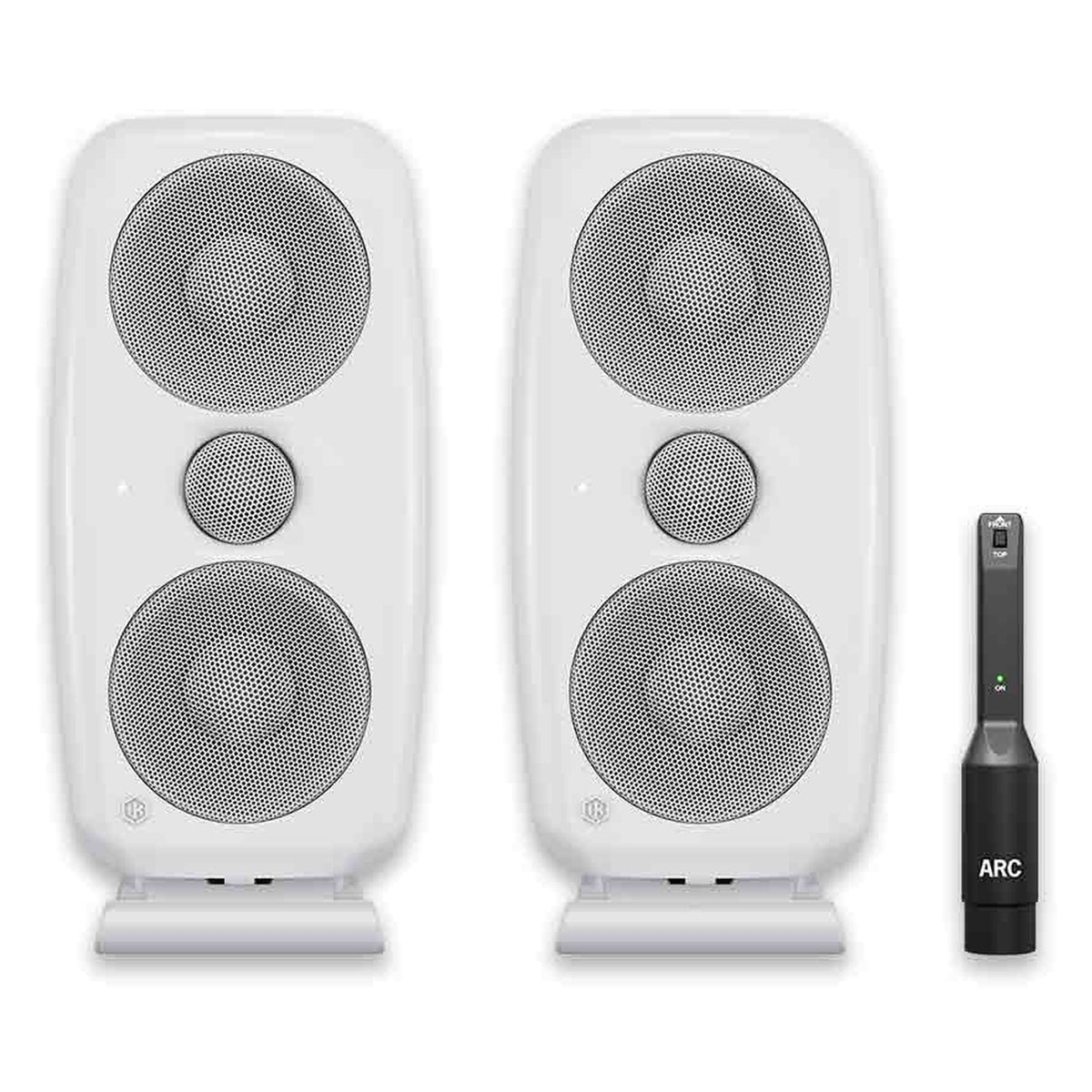Pair of IK Multimedia iLoud MTM MK2 active nearfield monitors in white with sleek design and front-facing controls.