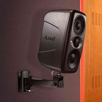 IK Multimedia iLoud MTM MK2 active nearfield monitor with mounting bracket, showcasing its sleek design and professional audio equipment