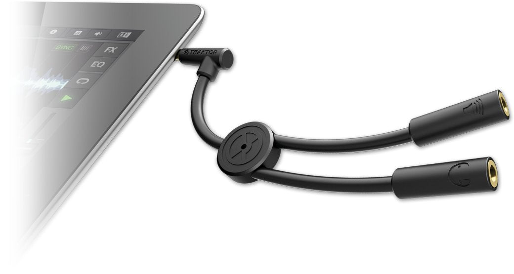 Native Instruments Traktor DJ cable adapter for DJ equipment, splitters, and audio connections, designed for seamless DJ setups.
