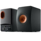 KEF LS50 Wireless II wireless speakers with sleek black finish and modern design, showing the compact, high-quality audio setup.