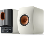 KEF LS50 Wireless II wireless speakers with sleek black finish and modern design, showcasing their compact form and high-quality build.