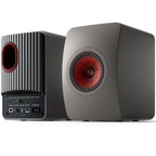 KEF LS50 Wireless II wireless speakers with sleek black finish and compact design, featuring advanced audio drivers and controls.