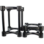 IsoAcoustics ISO-200 studio monitor stands showing sleek black design and adjustable height for optimal audio positioning.