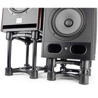IsoAcoustics ISO-200 studio monitor stands with sleek black design and adjustable height for optimal audio positioning.