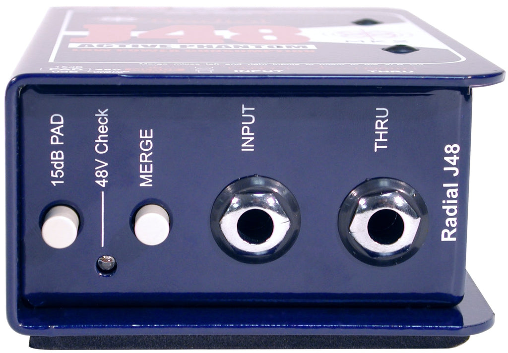 Radial Engineering J48 mono DI box with input connections, used for professional audio signal interfacing and sound equipment.