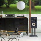 JBL L82 Classic MK2 passive bookshelf speakers with black wooden cabinets and metal grilles, designed for high-quality audio.
