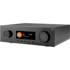 JBL MA7100HP stereo amplifier with sleek black design and control knobs, showcasing high-performance audio equipment.