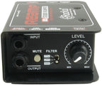 Radial Engineering JCR DI box with front view showing input and output connections for professional audio signal management.