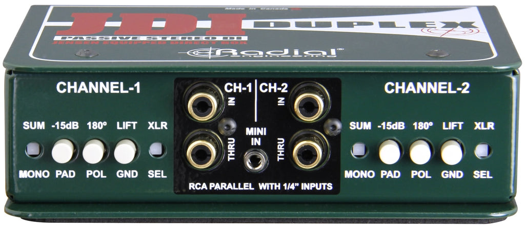Front view of Radial Engineering JDI Duplex DI box showing input and output connectors on a durable metal panel.