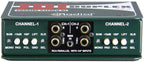Front view of Radial Engineering JDI Duplex DI box showing input and output connectors on a durable metal panel.
