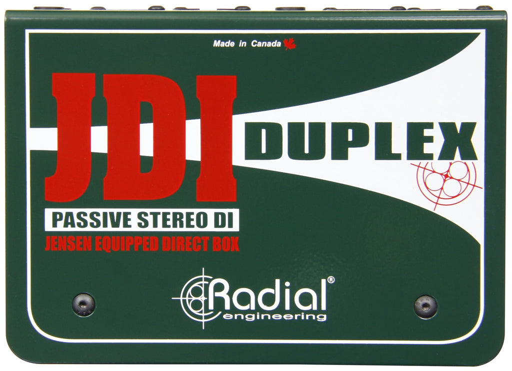 Radial Engineering JDI Duplex DI box with top view showing input and output connections for professional audio use.