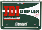 Radial Engineering JDI Duplex DI box with top view showing input and output connections for professional audio use.