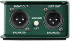 Stereo Radial Engineering JDI DI box showing input and output connections on a professional audio device.